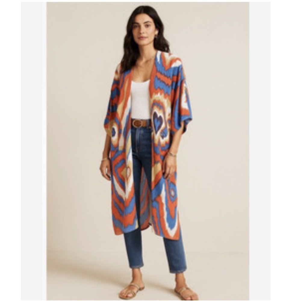 Bel Kazan Open Front Duster Cardigan Orange Blue Maxi One Size Rayon Boho Whimsy